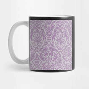 Lavender and Dusty Gray Weird Medieval Lions, Cherubs, and Skulls Scrollwork Damask Mug